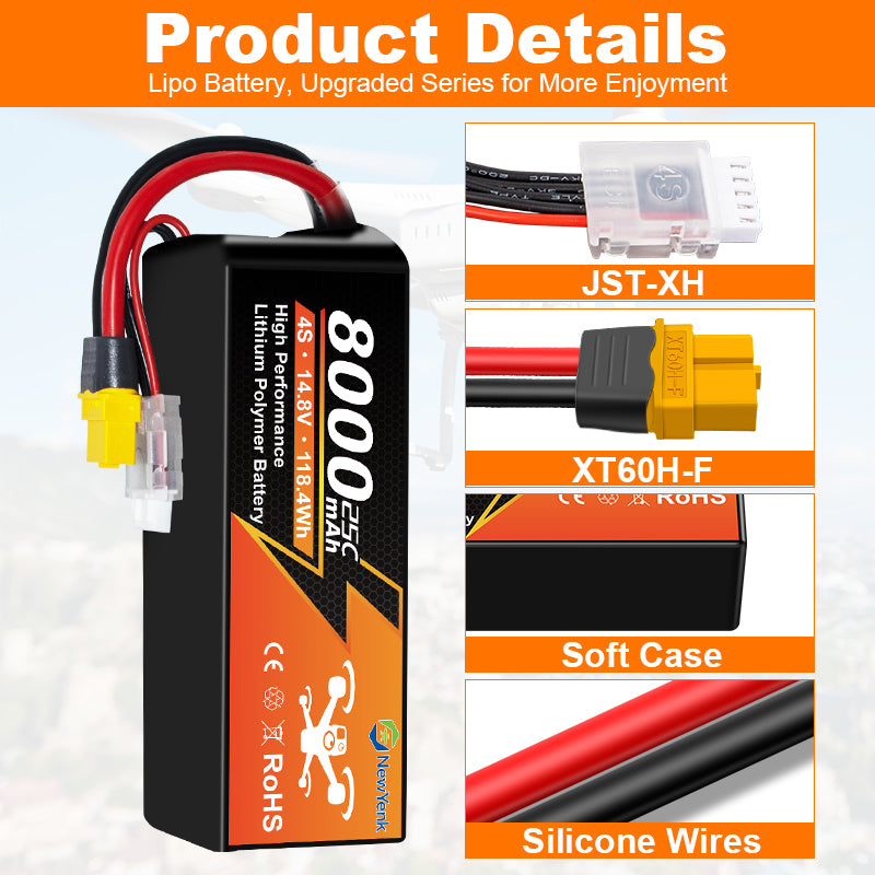 NewYenk 4S 8000mAh 14.8V 25C XT90 LiPo Battery – Ultra-Capacity Power for FPV Drones, Aerial Photography and RC Airplanes