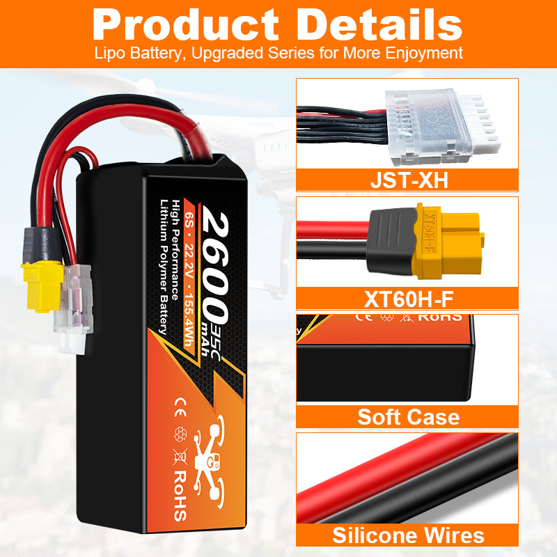 NewYenk 6S 2600mAh 22.2V 35C LiPo Battery – High-Capacity Long-Endurance Pack for FPV Drones, Aerial Photography and RC Airplanes
