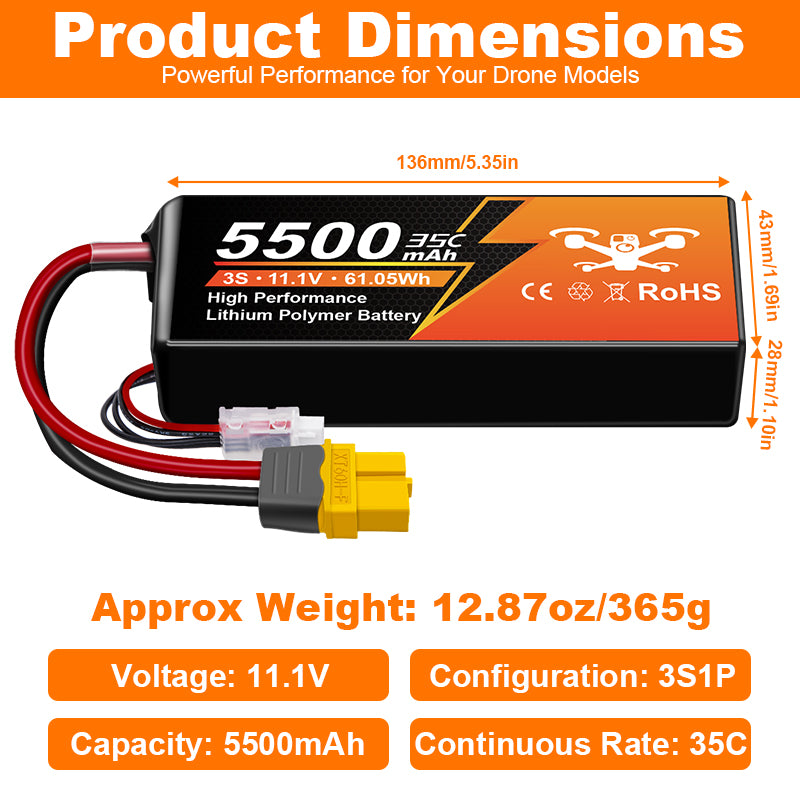 NewYenk 3S 5500mAh 11.1V 35C with EC5 LiPo Battery – High-Capacity Power for FPV Drones, Aerial Photography and RC Airplanes