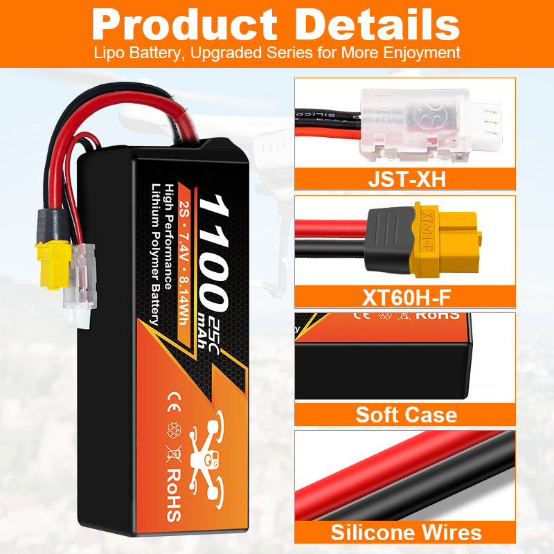 NewYenk 2S 1100Mah 7.4V 25C With XT30 for FPV Racing Drones Lipo Battery, Micro Quadcopters and RC Airplanes