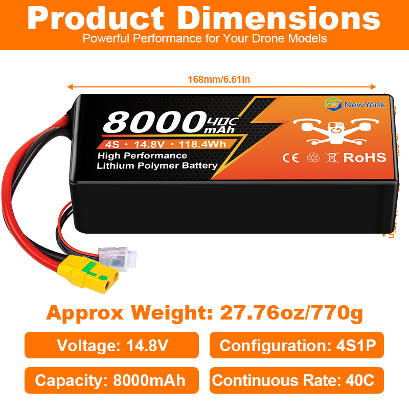 NewYenk 4S 8000mAh 14.8V 40C XT90 LiPo Battery – High-Capacity Long-Endurance Pack for FPV Drones, Aerial Photography and RC Airplanes