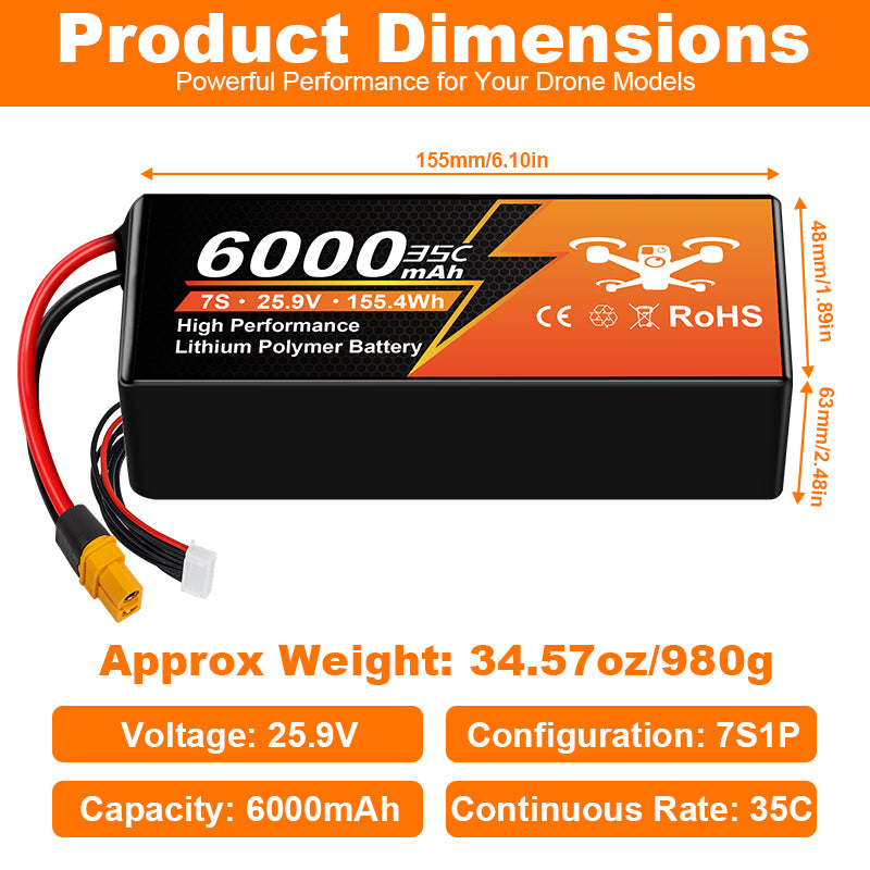 NewYenk 7S 6000mAh 25.9V 35C LiPo Battery With EC5/XT90– High-Capacity Long-Endurance Pack for FPV Drones, Aerial Photography and RC Airplanes