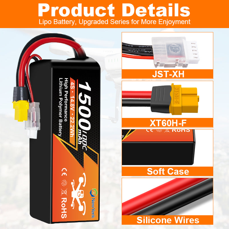 NewYenk 4S 1500mAh 14.8V 100C with XT60 LiPo Battery – Extreme Power Pack for FPV Racing Drones, Freestyle Quads and RC Airplanes