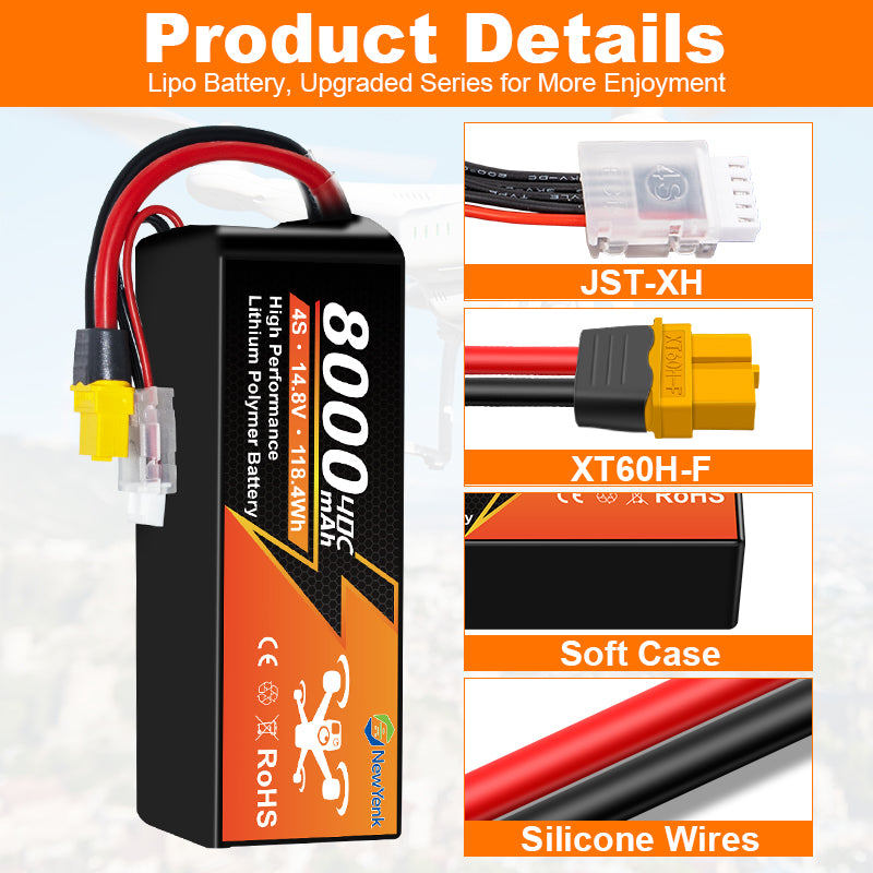 NewYenk 4S 8000mAh 14.8V 40C XT90 LiPo Battery – High-Capacity Long-Endurance Pack for FPV Drones, Aerial Photography and RC Airplanes