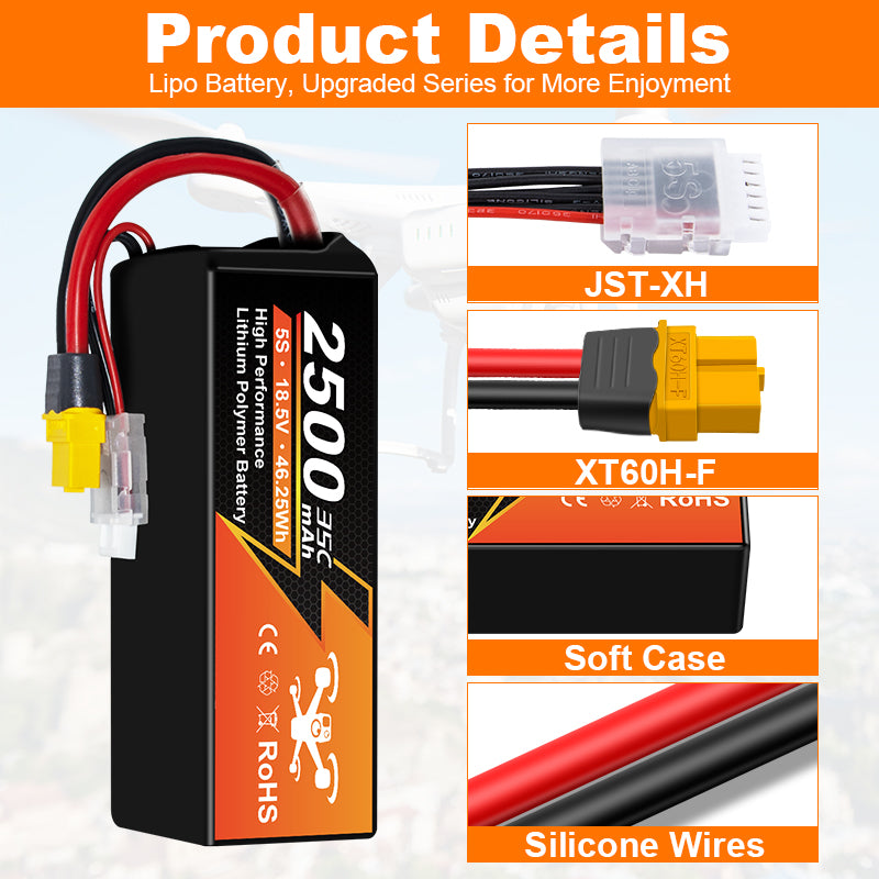 NewYenk 5S 2500mAh 18.5V 35C XT60 LiPo Battery – High-Capacity Long-Endurance Pack for FPV Drones, Aerial Photography and RC Airplanes