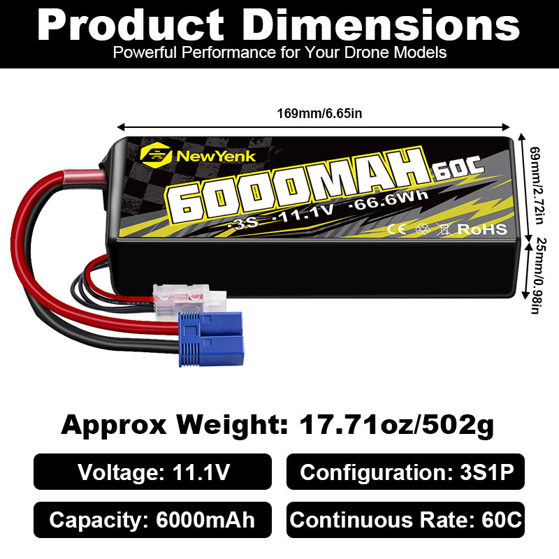 Newyenk 3S 6000mAh 60C (Burst 120C)Lipo Battery with EC5 100% LCO Material
