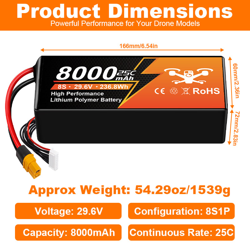 NewYenk 8S 8000mAh 29.6V 25C LiPo Battery – Long-Endurance Power for Aerial Photography, Industrial Drones and Large RC Airplanes