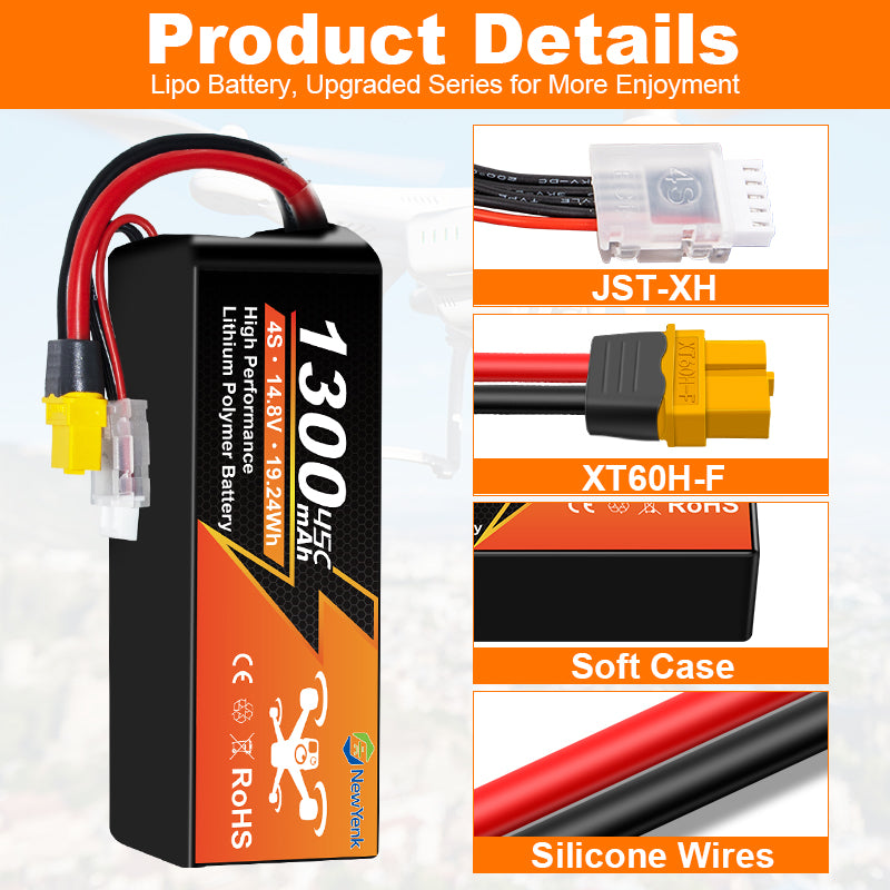 NewYenk 4S 1300mAh 14.8V 45C with XT60 LiPo Battery – High Power Pack for FPV Racing Drones, Freestyle Quads and RC Airplanes