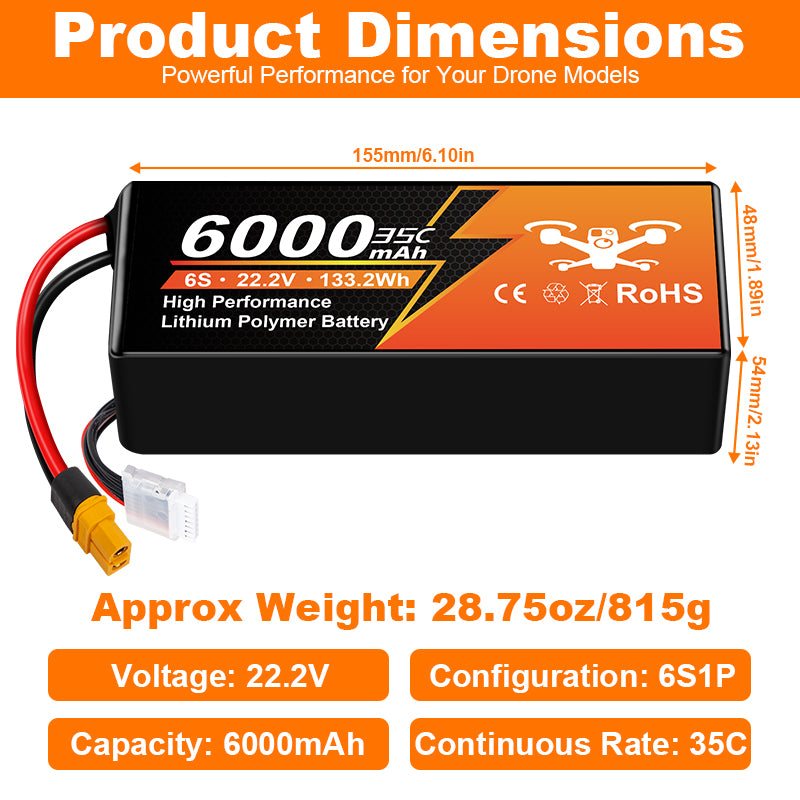 NewYenk 6S 6000mAh 22.2V 35C LiPo Battery – High-Capacity Long-Endurance Pack for FPV Drones, Aerial Photography and RC Airplanes