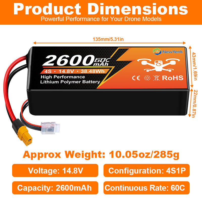 NewYenk 4S 2600mAh 14.8V 60C with XT60 LiPo Battery – High-Discharge Power for FPV Racing Drones, Freestyle Quads and RC Airplanes