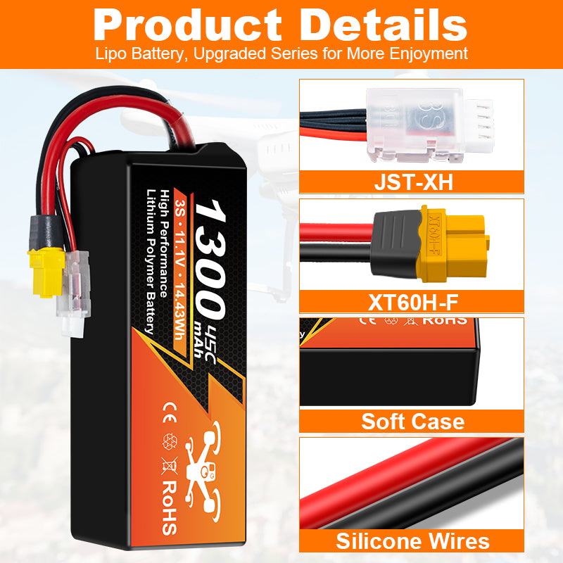 NewYenk 3S 1300mAh 11.1V 45C With XT60/30 LiPo Battery for FPV Drones & RC Planes