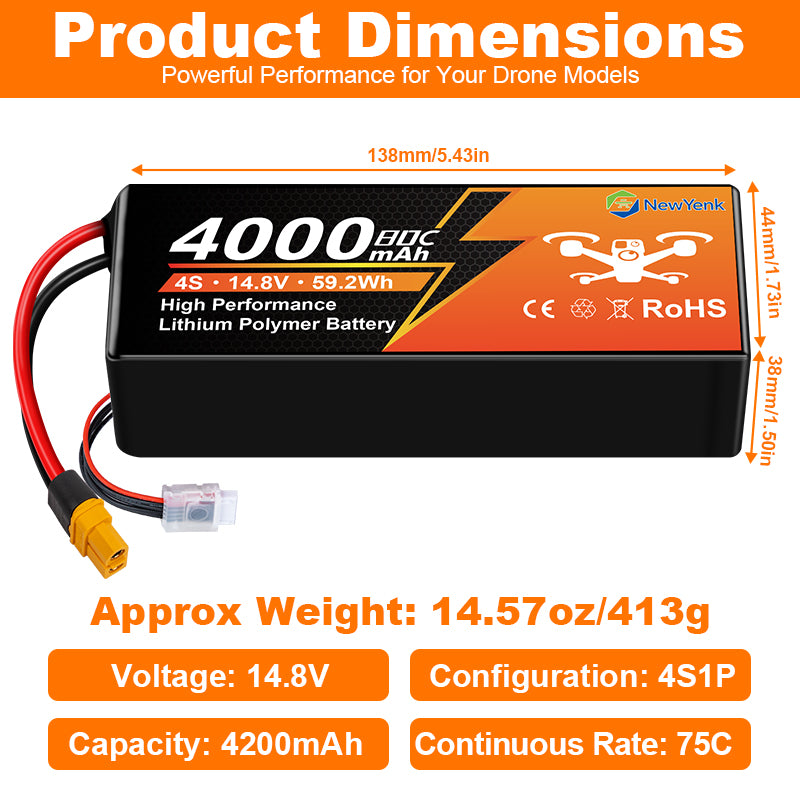 NewYenk 4S 4000mAh 14.8V 80C With XT60 Lipo Battery