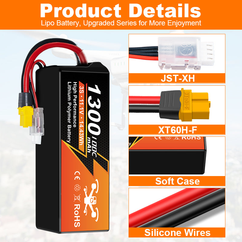NewYenk 3S 1300mAh 11.1V 100C with XT60 LiPo Battery for FPV Drones & RC Planes