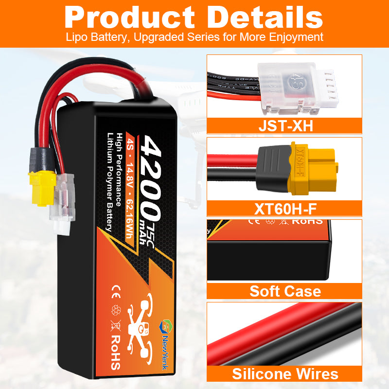 NewYenk 4S 4200mAh 14.8V 75C with XT60 LiPo Battery – High-Power Long-Endurance Pack for FPV Drones, Freestyle Quads and RC Airplanes