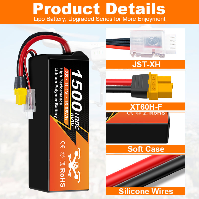 NewYenk 3S 1500mAh 11.1V 100C with XT60 LiPo Battery – High Power Pack for FPV Racing Drones, Freestyle Quads and RC Airplanes
