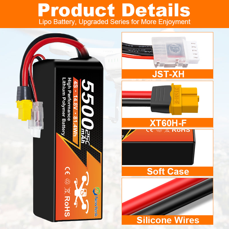 NewYenk 4S 5500mAh 14.8V 25C with Deans T/EC5 LiPo Battery – High-Capacity Power for FPV Drones, Aerial Photography and RC Airplanes