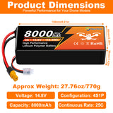 NewYenk 4S 8000mAh 14.8V 25C XT90 LiPo Battery – Ultra-Capacity Power for FPV Drones, Aerial Photography and RC Airplanes