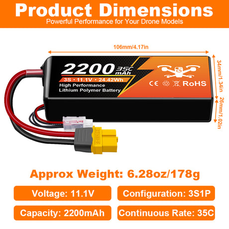 NewYenk 3S 2200mAh 11.1V 35C with XT60 LiPo Battery – Long Flight Power for FPV Drones, Freestyle Quads and RC Airplanes