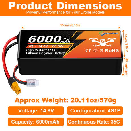 NewYenk 4S 6000mAh 14.8V 35C with XT90/EC5 LiPo Battery – High-Capacity Long-Endurance Pack for FPV Drones, Aerial Photography and RC Airplanes