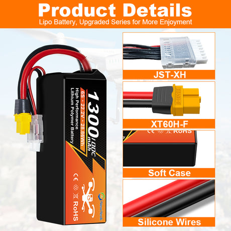 NewYenk 6S 1300mAh 22.2V 100C FPV With XT60 Lipo Battery