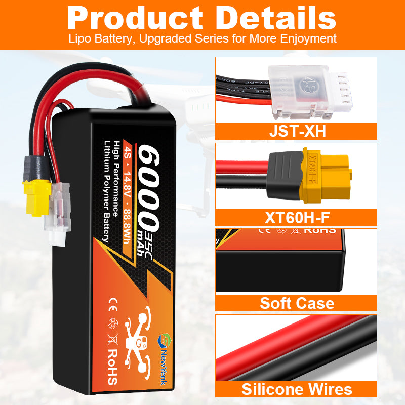 NewYenk 4S 6000mAh 14.8V 35C with XT90/EC5 LiPo Battery – High-Capacity Long-Endurance Pack for FPV Drones, Aerial Photography and RC Airplanes