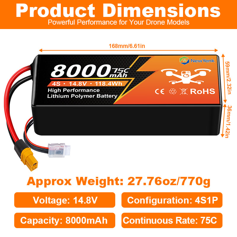 NewYenk 4S 8000mAh 14.8V 75C with XT90 LiPo Battery – Ultra-High Capacity Power for FPV Drones, Aerial Photography and RC Airplanes