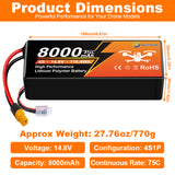 NewYenk 4S 8000mAh 14.8V 75C with XT90 LiPo Battery – Ultra-High Capacity Power for FPV Drones, Aerial Photography and RC Airplanes