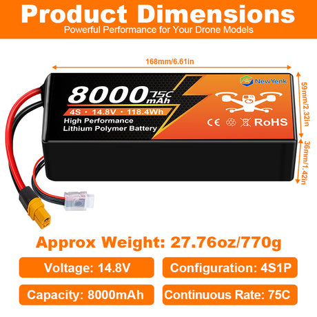 NewYenk 4S 8000mAh 14.8V 75C with XT90 LiPo Battery – Ultra-High Capacity Power for FPV Drones, Aerial Photography and RC Airplanes