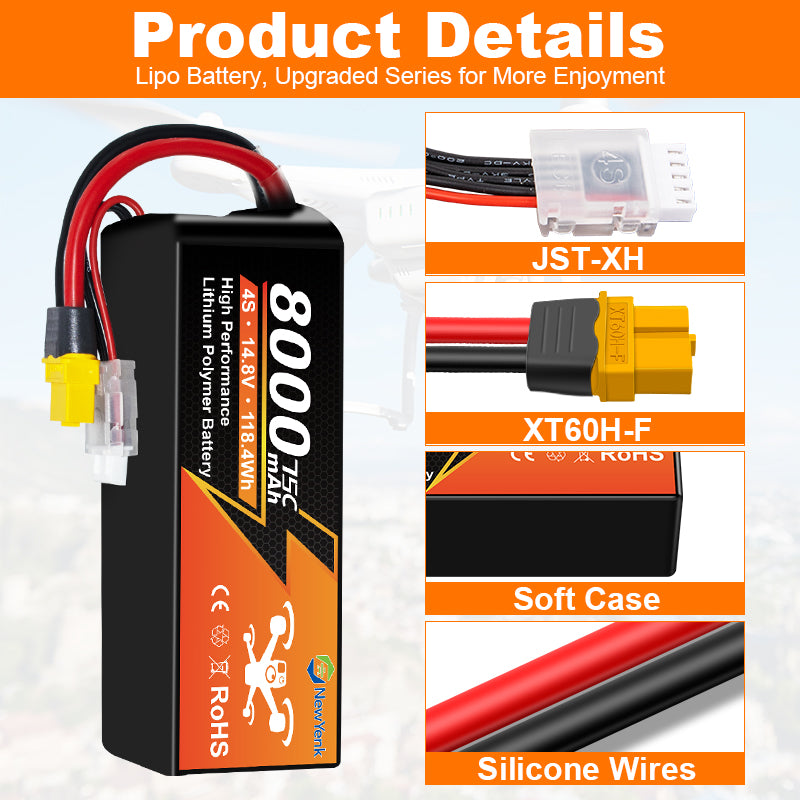 NewYenk 4S 8000mAh 14.8V 75C with XT90 LiPo Battery – Ultra-High Capacity Power for FPV Drones, Aerial Photography and RC Airplanes
