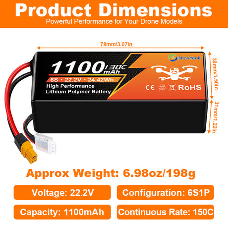 Newyenk 6S 1100mAh 130C Lipo Battery Wtih XT60 100% LCO