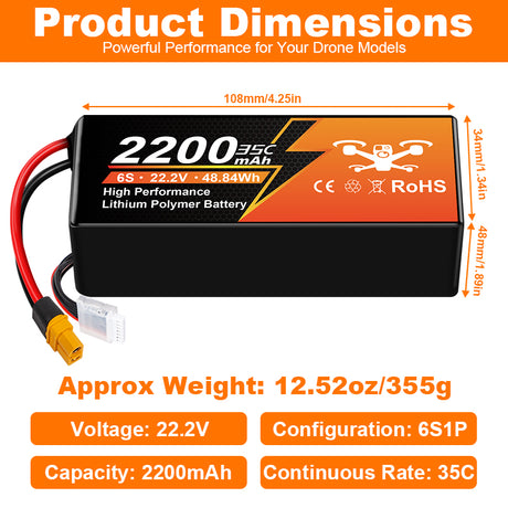 NewYenk 6S 2200mAh 22.2V 35C With XT60 Plug LiPo Battery – High-Capacity Power for FPV Drones, Aerial Photography and RC Airplanes