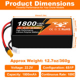 NewYenk 6S 1800mAh 22.2V 100C With XT60 Plug LiPo Battery – High-Power Pack for FPV Racing Drones, Freestyle Quads and RC Airplanes