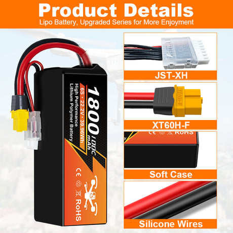 NewYenk 6S 1800mAh 22.2V 100C With XT60 Plug LiPo Battery