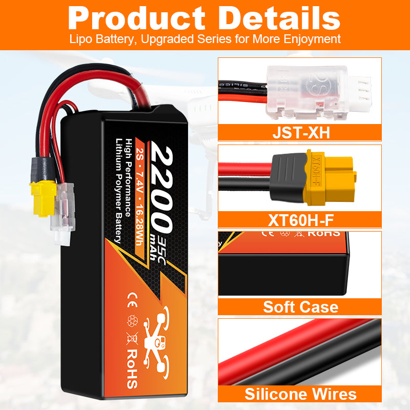 NewYenk 2S 2200mAh 7.4V 35C with XT60 LiPo Battery for FPV Drones & RC Planes