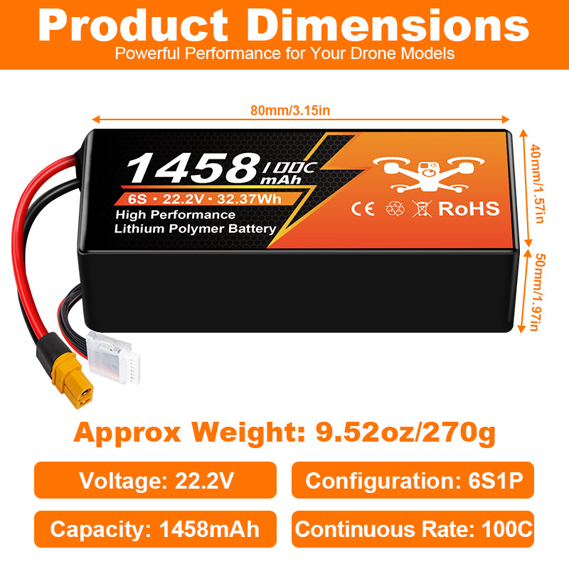 NewYenk 6S 1458mAh 22.2V 100C XT60 Plug LiPo Battery – Ultra-High Discharge Power for FPV Racing Drones, Freestyle Quads and RC Airplanes