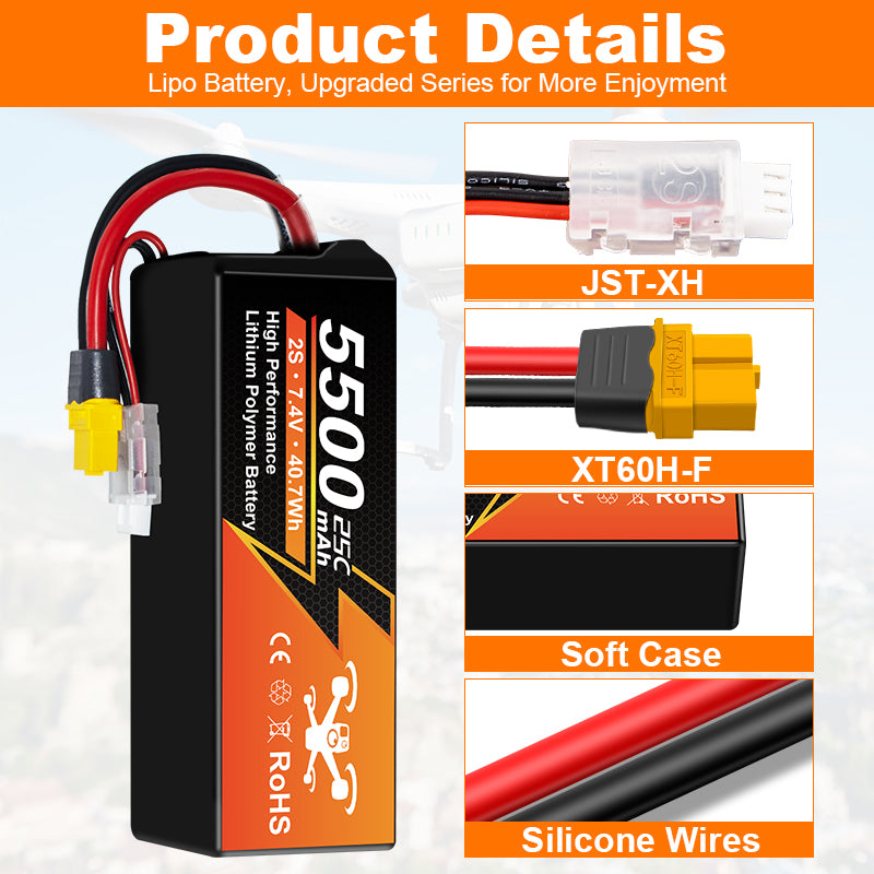 NewYenk 2S 5500mAh 7.4V 25C With EC5 LiPo Battery for FPV Drones & RC Planes