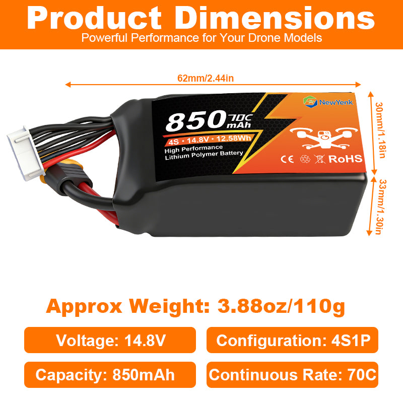 Newyenk 4S 850mAh 70C Lipo Battery with XT60