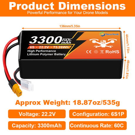 Newyenk 6S 3300mAh 60C Lipo Battery With XT60 100% LCO