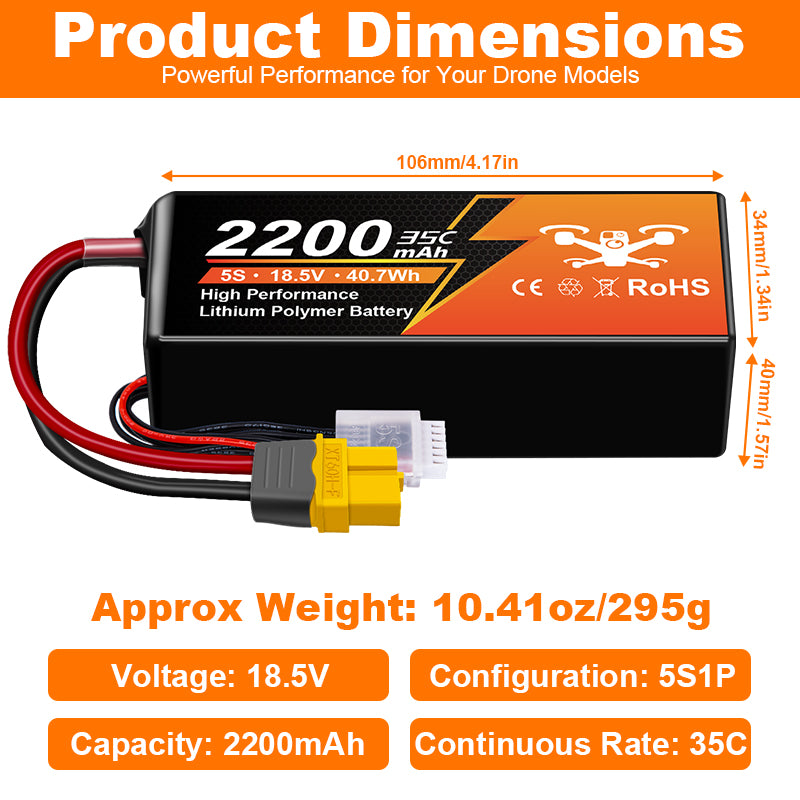 NewYenk 5S 2200mAh 18.5V 35C XT60/EC3 LiPo Battery – High-Capacity Power for FPV Drones, Aerial Photography and RC Airplanes