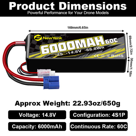 Newyenk 4S 6000mAh 60C （Burst 120C）Lipo Battery with EC5 100% LCO