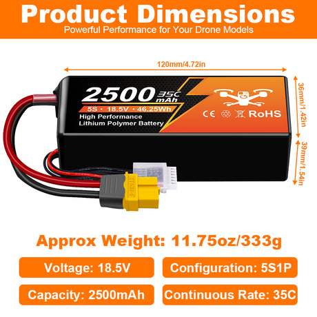NewYenk 5S 2500mAh 18.5V 35C XT60 LiPo Battery – High-Capacity Long-Endurance Pack for FPV Drones, Aerial Photography and RC Airplanes