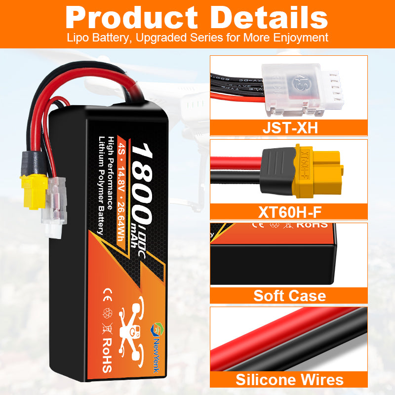 NewYenk 4S 1800mAh 14.8V 100C with XT60 LiPo Battery – Ultra-High Discharge Power for FPV Racing Drones, Freestyle Quads and RC Airplanes