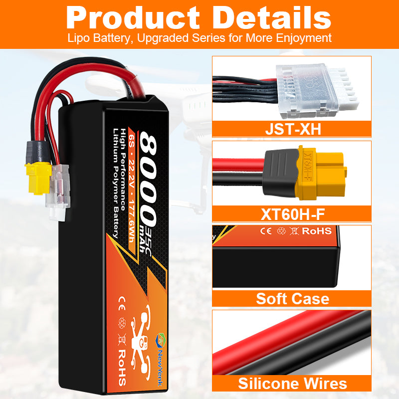 NouvelleYenk 4S 8000mAh 14.8V 75C avec batterie LiPo XT90 – Puissance ultra-haute capacité pour drones FPV, photographie aérienne et avions RC