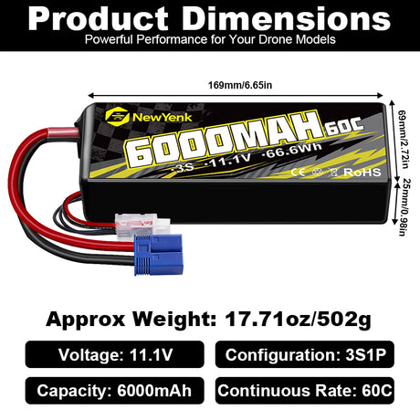 Newyenk 3S 6000mAh 60C （Burst 120C）Lipo Battery with EC5  100% LCO Material