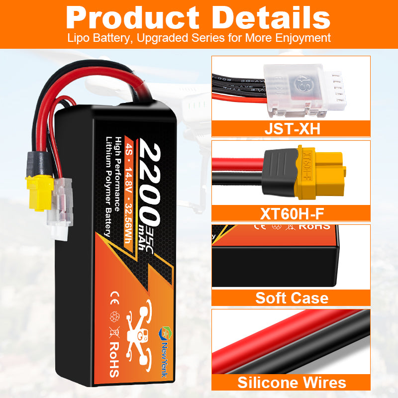 NewYenk 4S 2200mAh 14.8V 35C with XT60 LiPo Battery – Long-Lasting Power for FPV Drones, Freestyle Quads and RC Airplanes