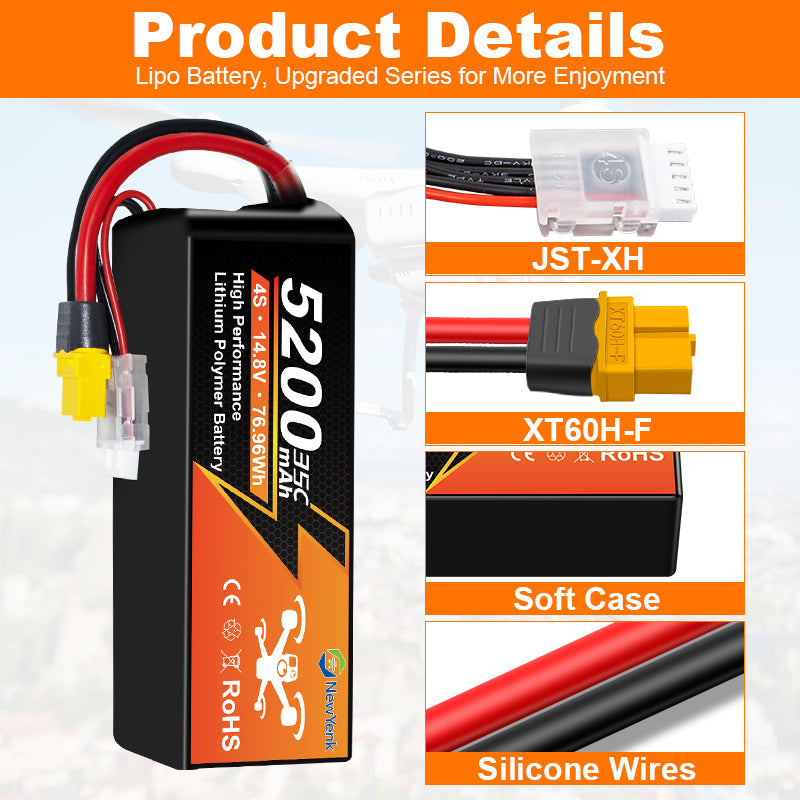 NewYenk 4S 5200mAh 14.8V 35C LiPo Battery – High-Capacity Power for FPV Drones, Aerial Photography and RC Airplanes