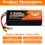NewYenk 4S 1300mAh 14.8V 45C with XT60 LiPo Battery – High Power Pack for FPV Racing Drones, Freestyle Quads and RC Airplanes