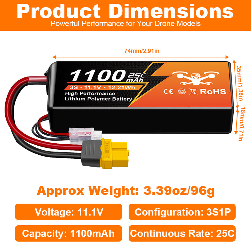 NewYenk 3S 1100mAh 11.1V 25C with XT30 LiPo Battery for FPV Drones & RC Planes
