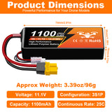 NewYenk 3S 1100mAh 11.1V 25C with XT30 LiPo Battery for FPV Drones & RC Planes