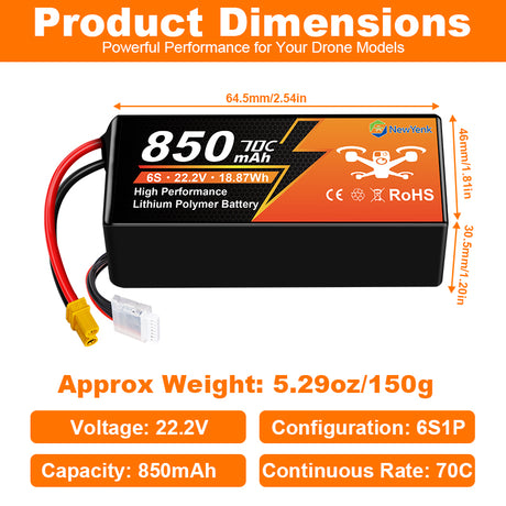 Newyenk 6S 850mah 70C Lipo Battery with Xt30